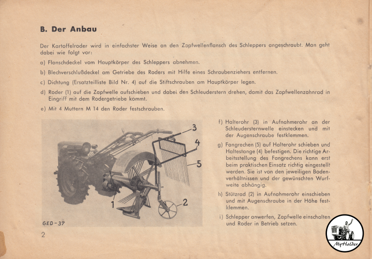 Holder Zapfwellen-Kartoffelschleuderroder Type 185 - Betriebsanleitung und Ersatzteilliste - Anbau