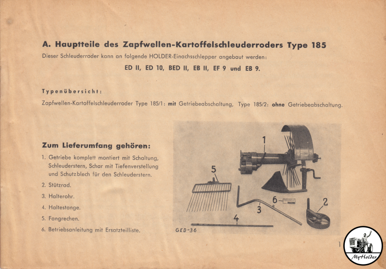 Holder Zapfwellen-Kartoffelschleuderroder Type 185 - Betriebsanleitung und Ersatzteilliste - Hauptteile