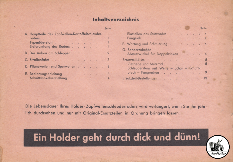 Holder Zapfwellen-Kartoffelschleuderroder Type 185 - Betriebsanleitung und Ersatzteilliste - Inhalt