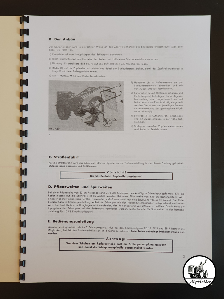 Holder Zapfwellen-Kartoffelschleuderroder Type 185 - Betriebsanleitung und Ersatzteilliste