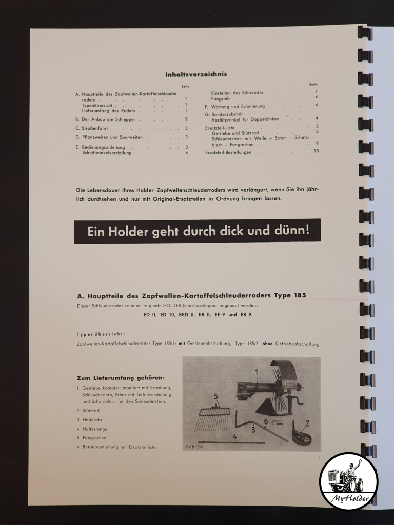 Holder Zapfwellen-Kartoffelschleuderroder Type 185 - Betriebsanleitung und Ersatzteilliste